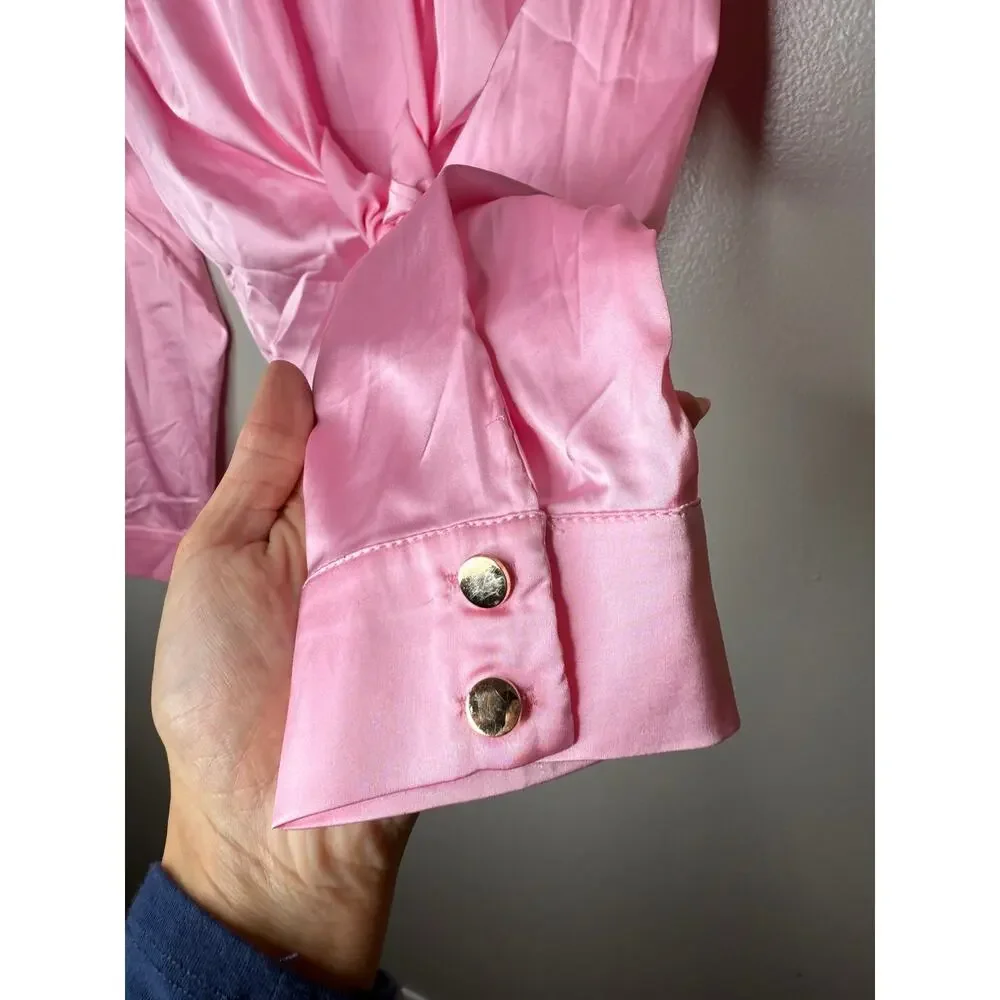 Pink Satin Tie-Front Blouse | Windsor | Y2K Inspired Going Out Top - Picture 5 of 6
